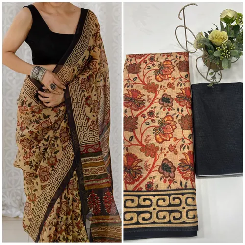 Soft Munga Kota Cotton Checks Saree with Beautiful Prints & Contrast Blouse